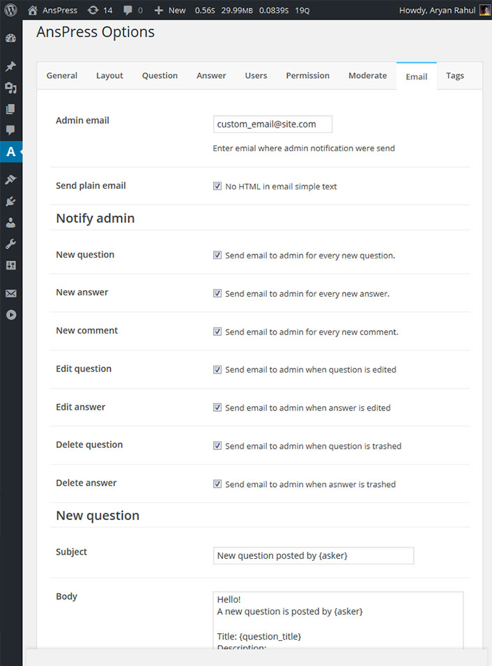 AnsPress email options AnsPress email options